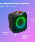 Encore Essential 2 Portable Party Speaker With AI Sound Boost Battery Powered Up To 15 Hours Of Playtime shown with dimensions