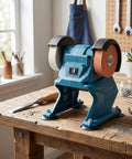 Beefed Up Mini Bench Grinder With Dual Grinding Wheels and Rock Steady Portable Cordless Frame featuring suction grip base on a workbench.