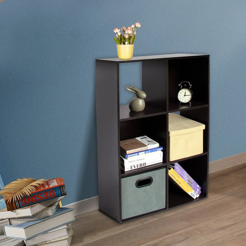 Six Cube Storage Organizer Featuring Hella Sturdy Heavy Duty Particleboard Shelves For Living Room Bedroom And Study Quick Setup Bookcase Rack In Rich Dark Brown with decorative items and books.