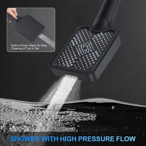 Top Shelf Ceiling Mount Rainfall Shower System With 12 Inch Matte Black Finish handheld sprayer emitting water.