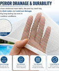 Hand holding mesh fabric of All-In-One Poolside Gear Organizer Set With Three Mesh Storage Bags (One Large, Two Medium) Plus Six Adhesive Hooks And Six Straps For Noodles, Floats, Toys, And Pool Accessories, Ideal For Above Ground Pools, showing drainage and durability features.