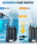 Submersible Sump Pump One Third HP 1600 GPH With Float Switch demonstrating automatic on and off levels, pool setting