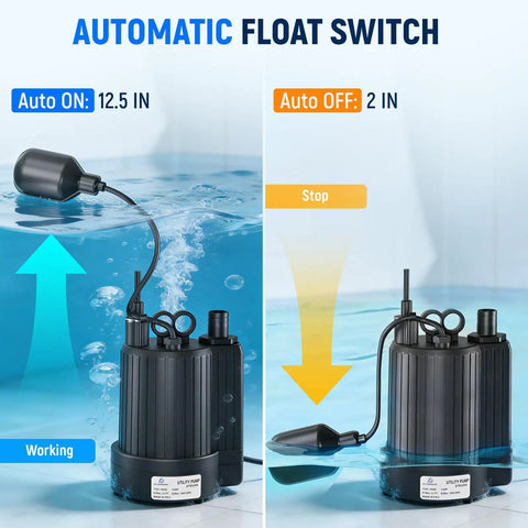 Submersible Sump Pump One Third HP 1600 GPH With Float Switch demonstrating automatic on and off levels, pool setting