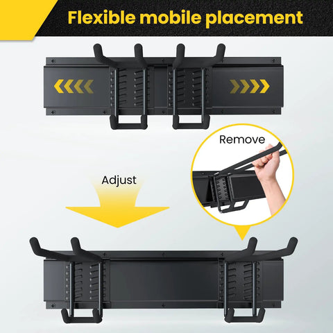 Rock Solid 48 Inch Wall Mount Tool Storage Rack Featuring Adjustable Rails And Beefy Double Layer Hooks For Heavy Duty Garage Organization No Sweat Setup And Broom Holder showing adjustable hook placement.