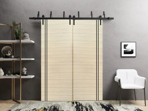 Interior Barn Bypass Sliding Door Set With Solid Wood Panels No Glass Black 36x96 Inches Dope Modern Vibe Hardware Included Rail System With Hangers And Floor Guides Two Doors displayed in a modern living room.