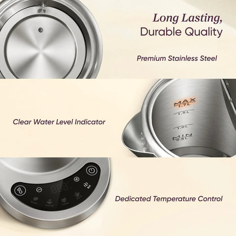 Fast Boiling 1.7L Electric Kettle With Plastic Free Interior And 5 Presets For Tea And Coffee showing stainless steel interior, water level indicator, and temperature control.