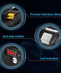 Close-up of Beefed Up 4 Pack 18V Lithium Battery Replacement Set features: precise interface, anti-slip button, LED indicator.