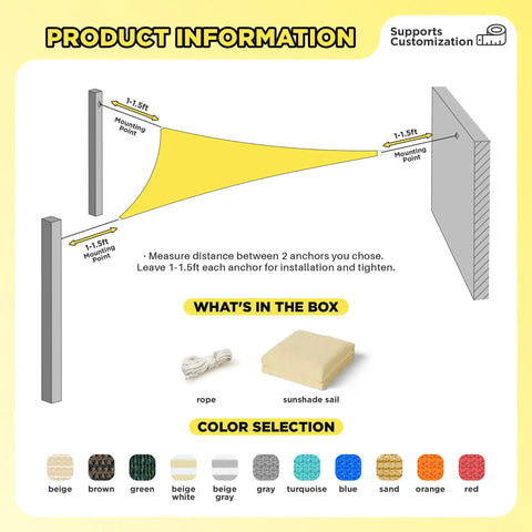 Diagram of installing a 6 Ft By 6 Ft By 6 Ft Triangle Sun Shade Sail For Outdoor Patio Canopy with mounting points and color options.