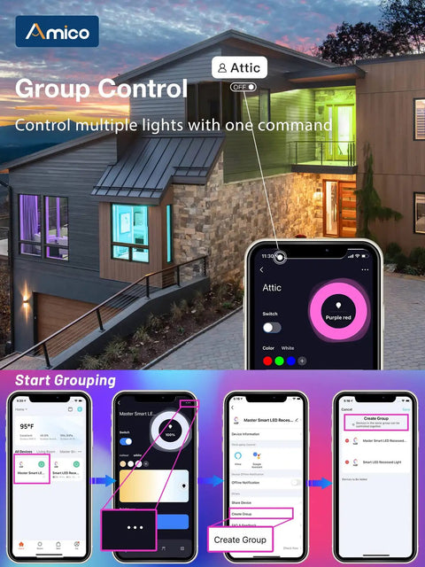 Smart 5 To 6 Inch Recessed LED Can Lights 4 Pack With RGBCW Color Changing, WiFi Enabled Downlights app control on smartphone