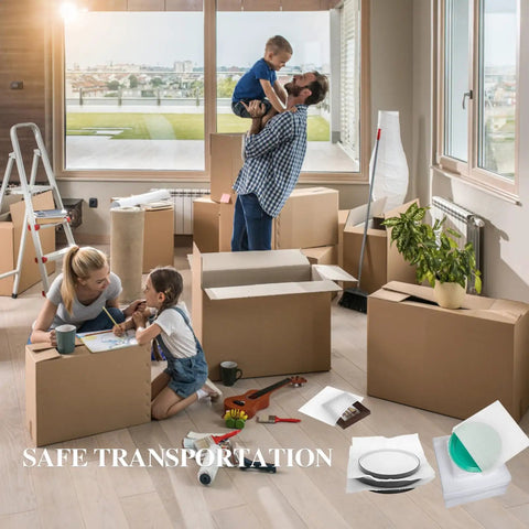 Real Deal Foam Packing Pouches For Moving And Shipping Storage With Dense Cushion Wrap To Lock Your Dishes Glasses And Plates Down Tight When Shifting Houses Or Shipping Gear Nationwide, shown in a family moving scene.
