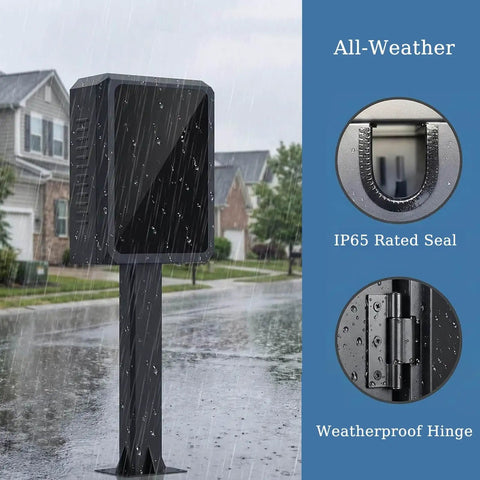 Built Dang Tough Steel EV Charger Lock Box All Weather Waterproof Protective Cover shown in rain with IP65 rated seal.
