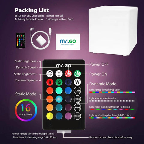 Rechargeable 12 Inch LED Light Cube Stool With Remote Control Mood Lamp Soothing Night Light includes remote and charging accessories.