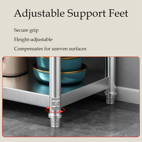 Close-up of adjustable support feet on Solid Three Tier Stainless Steel Prep Table Commercial Kitchen Shelving Unit.