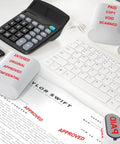 Solid Workhorse Eight In One Self Inking Office Stamp Set For Paid Copy Void Scanned Entered Original Approved Confidential Documents on desk.