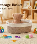 No Sweat Cotton Fabric Storage Baskets 4 Pack Organizers For Shelf And Cabinet White Khaki with kids' toys and a teddy bear.