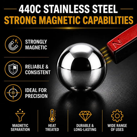 Dead Nuts True 1.5 Inch Stainless Steel Ball Grade 100 Precision Ground And Lapped Sphere beside a magnet, showcasing its strong magnetic capabilities.