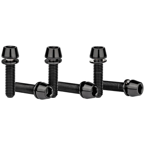 Badass Grade 5 Titanium Stem Bolts With Integrated Washers M5X18MM Black Hex Socket Hardware arranged in a row.