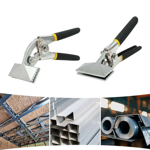 Dual Jaw Sheet Metal Pliers Set with curved jaw offset and straight jaw bender pliers for HVAC, roofing, and workshop tasks.