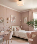 Three Light Semi Flush Mount Ceiling Light Fixture in black finish with white drum shade in elegant pink bedroom setting