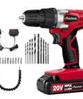 Heavy Duty 20 Volt Max Lithium Ion Cordless Drill Kit Featuring Ergonomic Grip And Keyless Chuck With Variable Speed Control 22 Piece Drill Bit Set Plus Plug And Play Charger, showing drill, bits and charger.