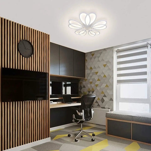 Modern study with Lit 80W LED Ceiling Light With Remote Control Dimmable Flower Shape, illuminating desk and seating area.