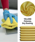 Yellow microfiber cleaning cloths, 16x16 inches, reusable and washable; 12-pack for dusting and cleaning.