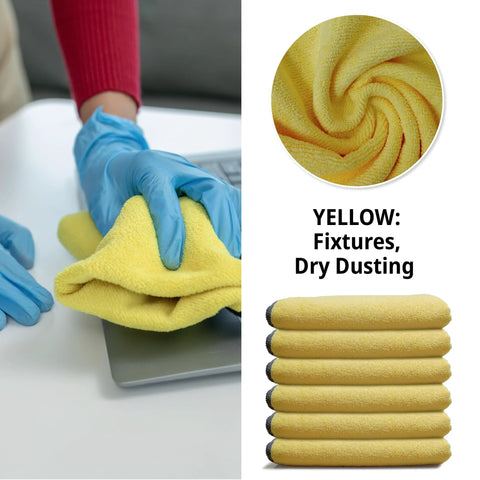 Yellow microfiber cleaning cloths, 16x16 inches, reusable and washable; 12-pack for dusting and cleaning.