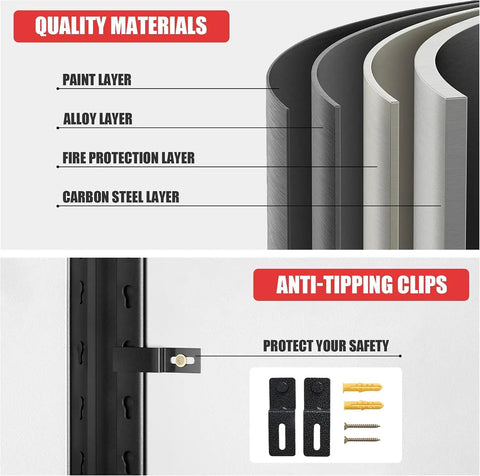 Quality materials of Heavy Duty Metal Storage Shelves showing paint, alloy, fire protection, and carbon steel layers.