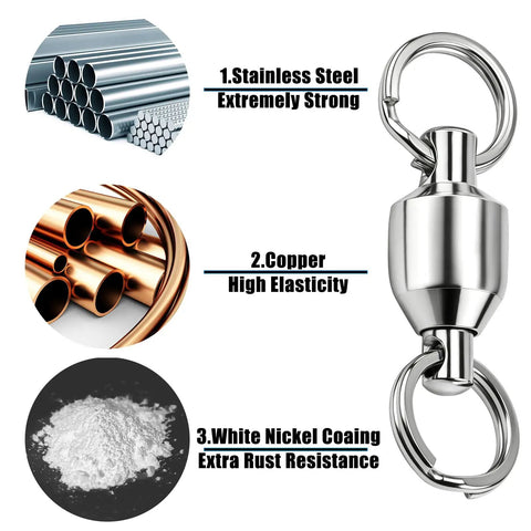 Premium Ball Bearing Fishing Swivels With Stainless Steel Split Rings Heavy Duty Rust Resistant Tackle showing strong stainless steel and copper materials.