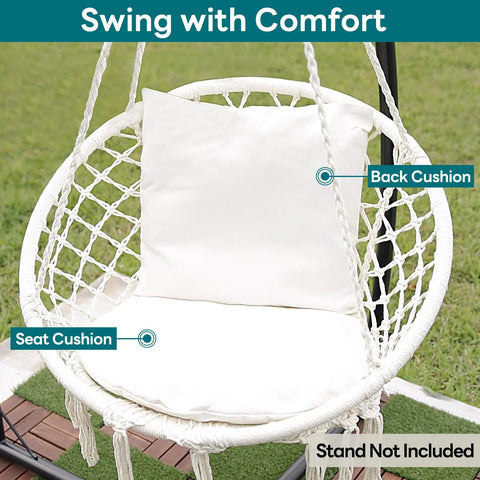 Macrame Hammock Chair Hanging Swing For Indoor Outdoor Use 330 Lbs Capacity Handwoven Cotton Rope Includes 2 Cushions