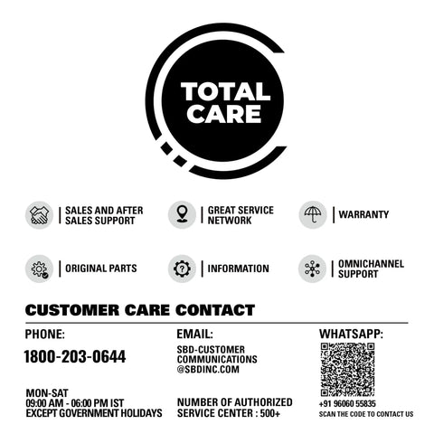 Total Care customer service information graphic featuring support services and contact details for assistance.