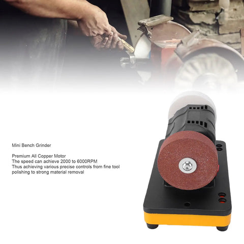Cordless 3 Inch Mini Bench Grinder With 20V Lithium Battery Variable Speed Cranking From 2000 To 6000 RPM, close-up of grinding wheel and motor.