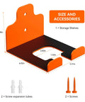 Garage Trimmer Rack Weed Eater Hanger String Trimmer Wall Mount in orange, showing dimensions and accessories for mounting.