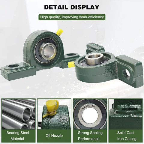 2 Pack UCP202-10 Pillow Block Bearings 5 8 Inch Bore with oil nozzle and solid cast iron base for industrial use.