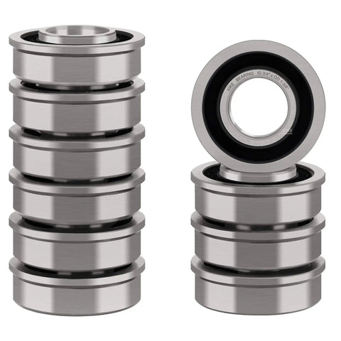 Ten Pack Top Shelf Lawn Mower Wheel Flanged Bearings With Grease Seal, chrome steel, 3/4 inch bore, 1 3/8 inch diameter.