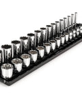 Three Eighth Inch Drive Twelve Point Socket Set With Rails And Tray Thirty Piece Inch Sizing From Quarter Inch To One Inch Includes Shallow And Deep Sockets For Pro Grade Auto, Truck And Bike Work And DIY Projects displayed on black tray