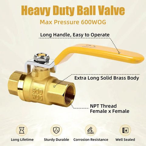 Heavy Duty Brass Ball Valve Three Eighths Inch Full Port With Female To Female NPT Threads, 600 WOG, long handle, brass body