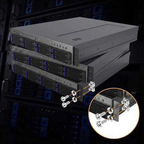 100 Pack Kickass Rack Mount Cage Nut Hardware Kit Featuring Tough M6 X 20mm Stainless Steel Screws And Washers for server installations.