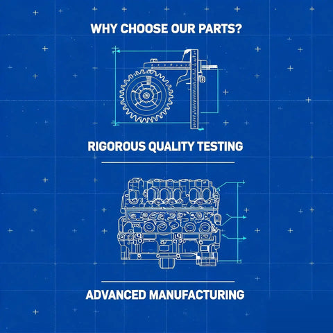 Blueprint graphic showing rigorous quality testing and advanced manufacturing for Straight Shooter Front Wheel Hub Bearing Assembly.