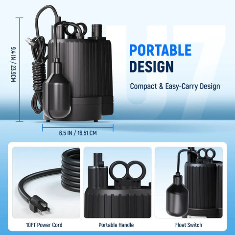 Submersible Sump Pump One Third HP 1600 GPH With Float Switch, Automatic Utility Pump featuring 10 Ft Power Cord and portable handle