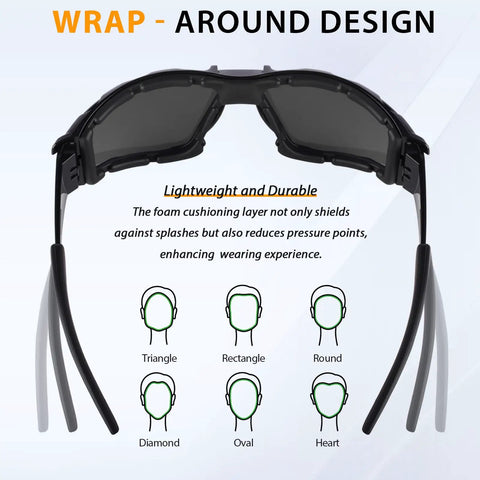 Premium Wrap Around Antifog Safety Glasses With Protective Eyewear And Foam Seal Gasket Offering Kick Ass Impact Shield and Snag Free Vision on Heavy Duty Worksites Daily with lightweight design.