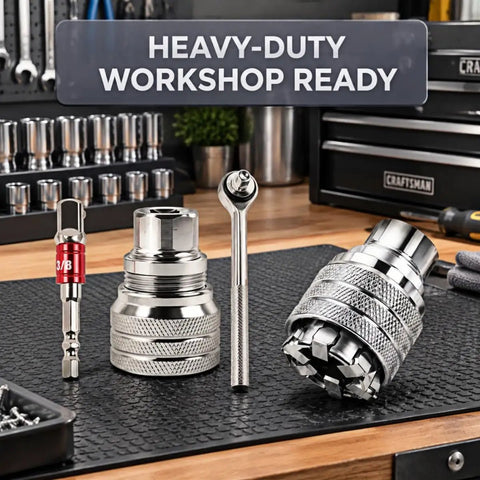 Adjustable Universal Socket Wrench For 38 Inch Drive Ratchet And Torque Adapter Three Piece Set on workbench with tools.