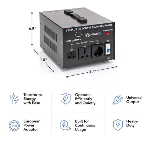 Beefy Step Up And Down Voltage Converter For Home And Travel Handles Up To 3000 Watts Across Several Devices Converts 110 Or 120 Volts To 220 Or 240 Volts And Back Universal Output With European Power Adapter Included shown with dimensions