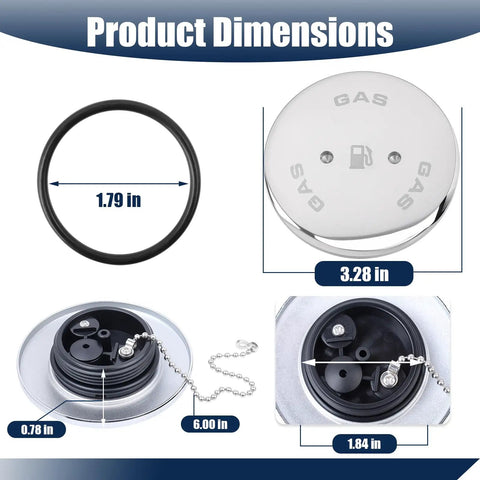Product dimensions of Boat Gas Cap Replacement for Deck Fill Systems 0540 0541 0556 0557 and 263 with dimensions labeled.