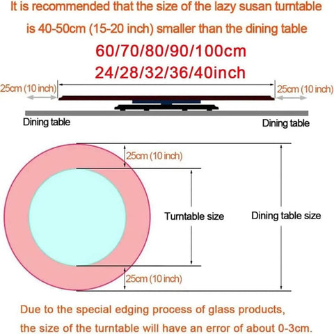 Diagram showing recommended sizes for Rock Solid 360 Smooth Swivel Lazy Susan Turntable, Massive 34 Inch Tempered Glass Serving Platter.