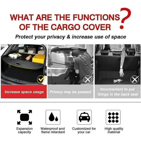 Illustration showing functions of Retractable Trunk Cargo Cover for Dodge Durango Third Row 2011-2021; privacy and space usage.