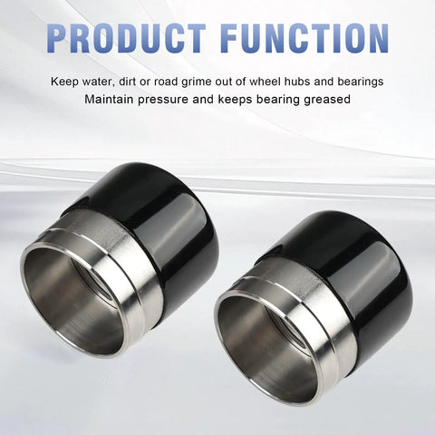 Heavy Duty Pair 1.98 Inch Stainless Steel Wheel Bearing Grease Caps And Sealed Dust Covers For Boat Trailer Hub Buddies shown in black and stainless steel.
