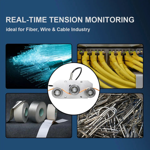 Built Tough Workhorse Tension Sensor For Wire Rope Featuring Triple Pulley Setup Rock Solid Load Cell Force Meter Up To 20Kg Capacity showing various industrial cables and the sensor.