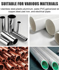 Pro Automatic Pipe Cutting Machine For Copper, PVC And Thin Stainless Tubes, Heavy Duty Stainless Steel Pipe Cutter, image showing various materials like stainless steel, copper, and PVC tubes suitable for cutting.