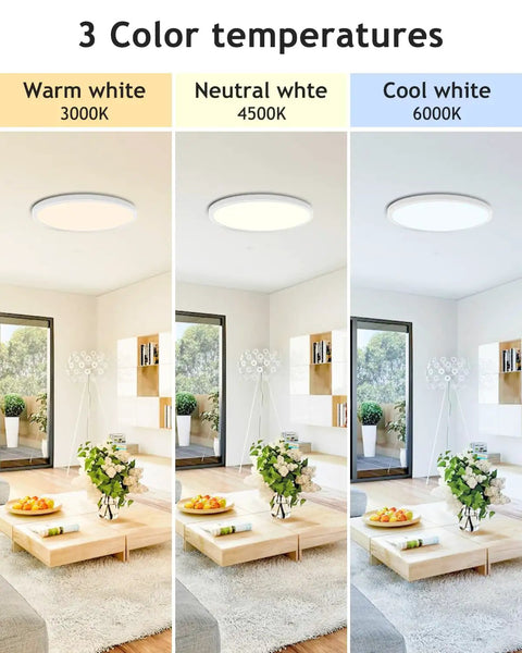 Image showing 4 Pack Flush Mount LED Ceiling Light Fixture White 12 Inch 28W Dimmable with warm, neutral, and cool color temperatures.
